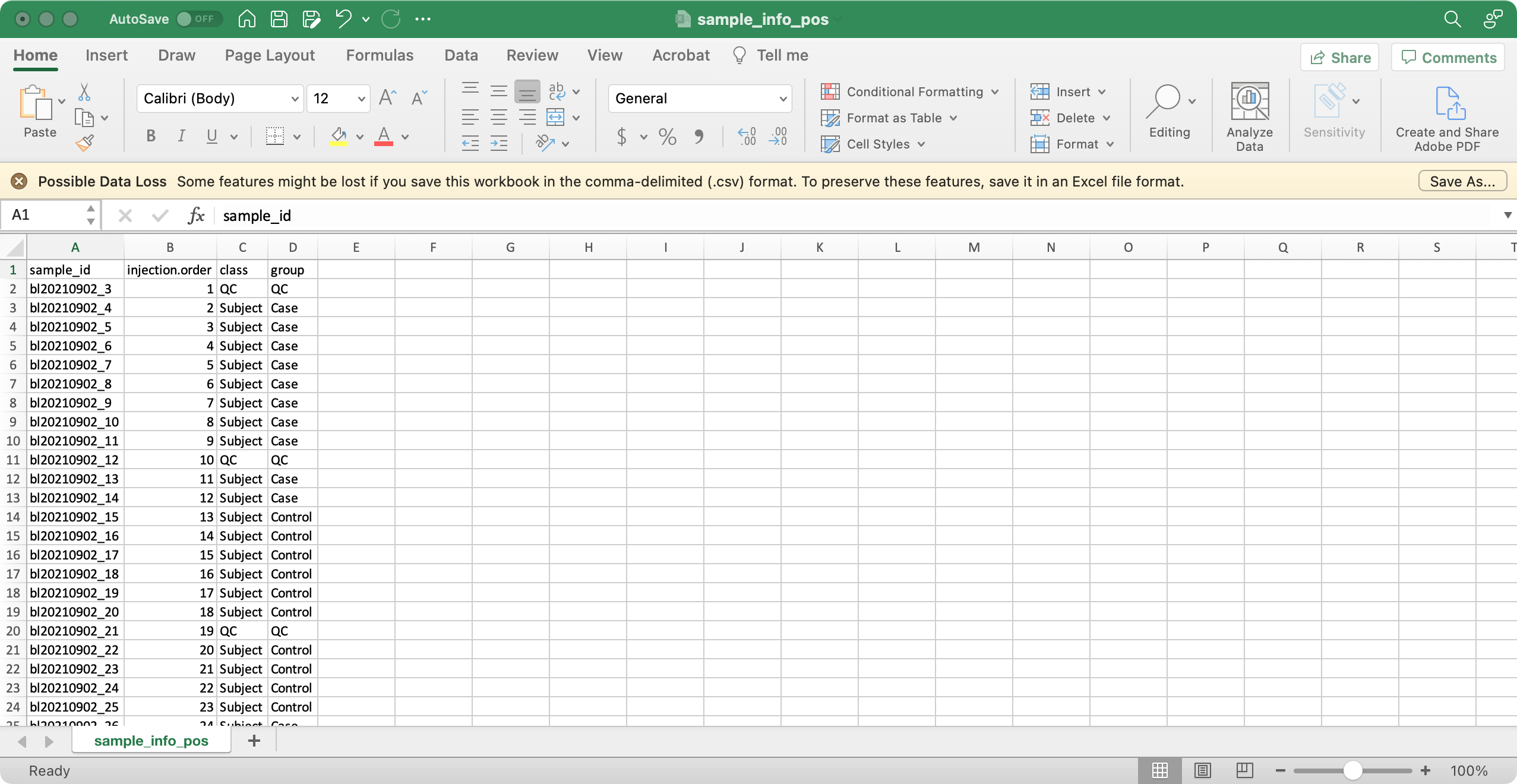 Example sample_info table layout with sample IDs, injection order, class, and group columns.